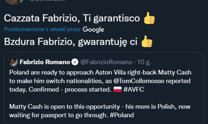 ODPOWIEDŹ Bońka na tweeta Fabrizio Romano o Mattym Cashu!